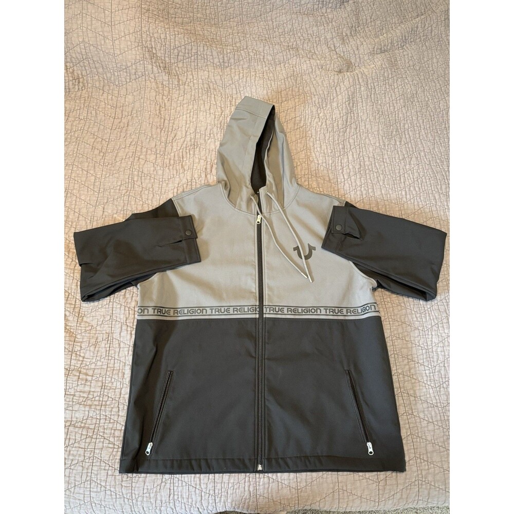 True Religion Black/Grey Hooded Rain Windbreaker Sz XL